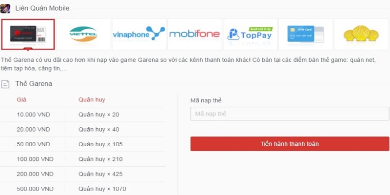 Nạp thẻ Liên Quân Mobile bằng mã thẻ cào